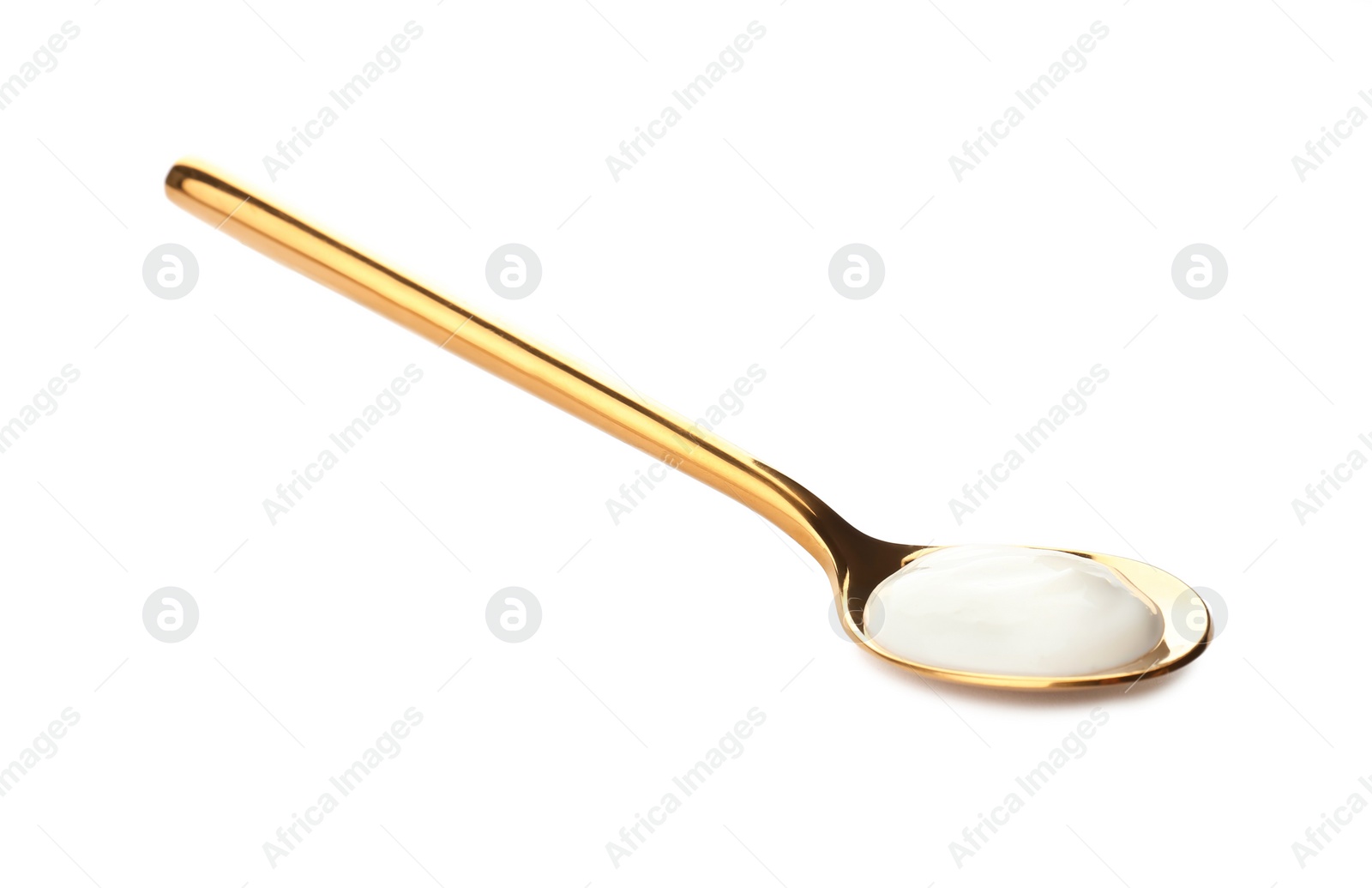 Photo of Spoon with yummy yogurt on white background