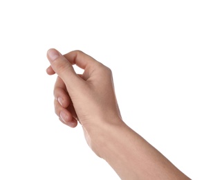 Woman holding something on white background, closeup of hand