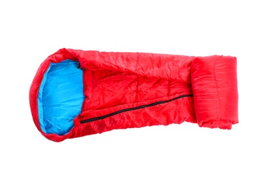 Photo of Sleeping bag on white background, top view. Camping equipment