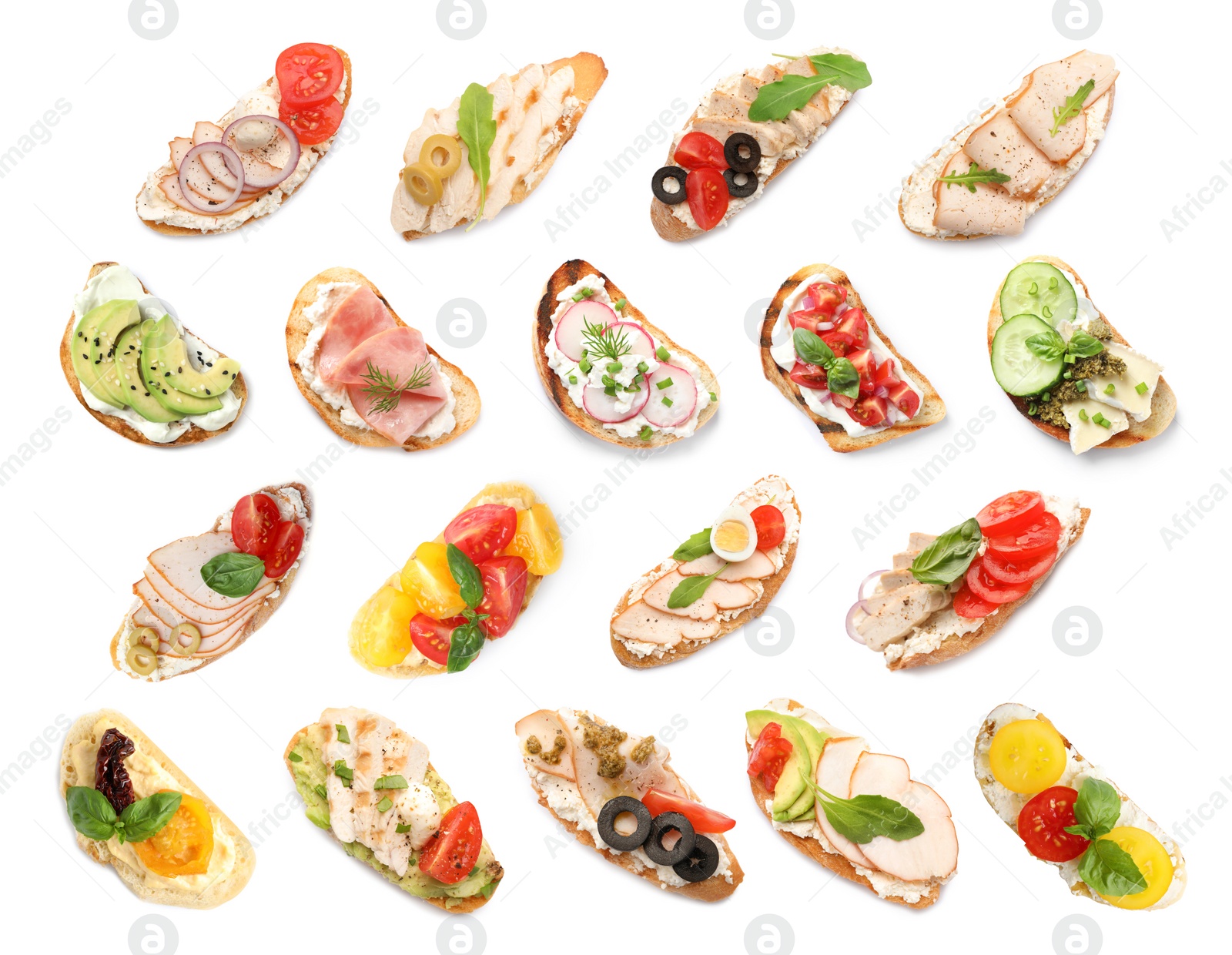 Image of Set of toasted bread with different toppings on white background, top view 