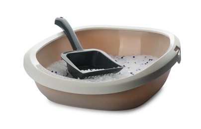 Photo of Beige cat litter tray with filler and scoop isolated on white