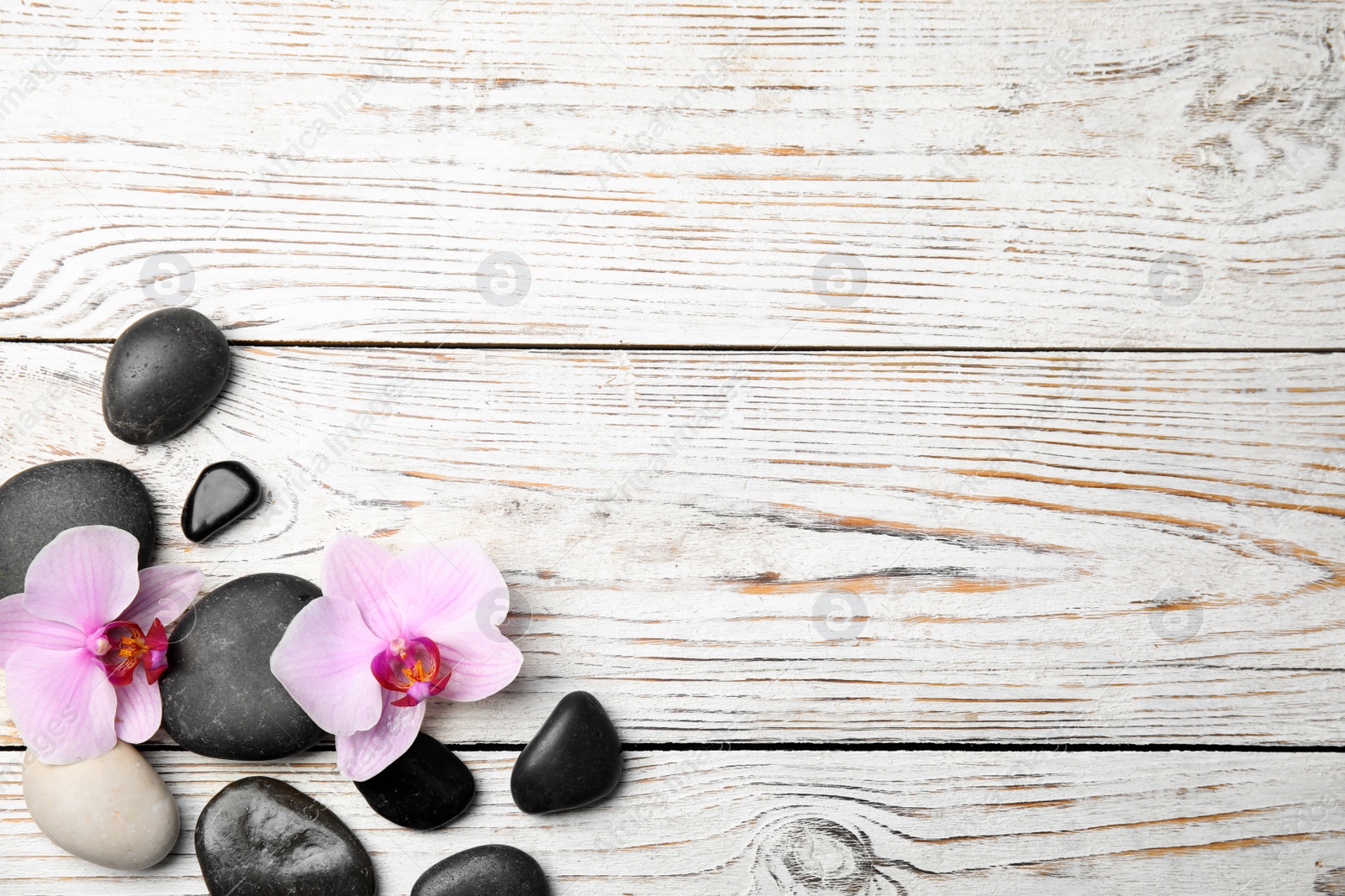 Photo of Stones with orchid flowers and space for text on white wooden background, flat lay. Zen lifestyle