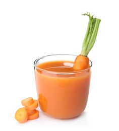 Photo of Glass with carrot juice and fresh vegetable on white background