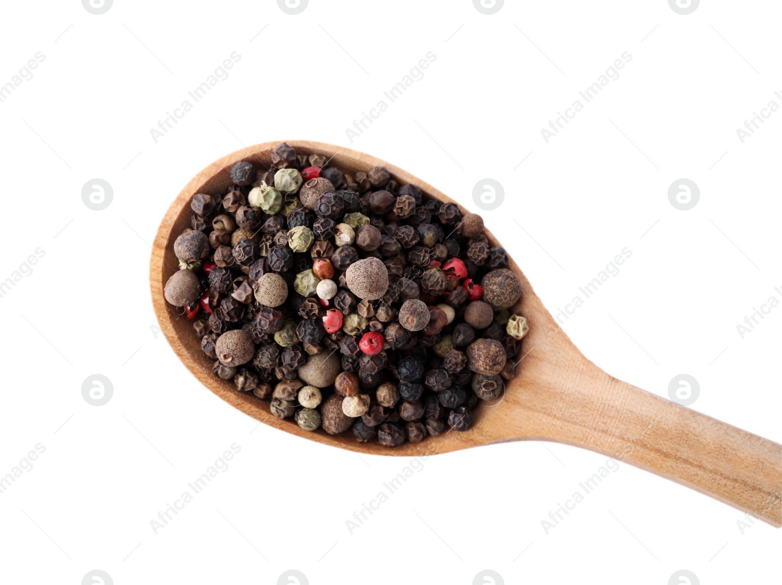 Photo of Pepper grains mix in wooden spoon isolated on white, top view