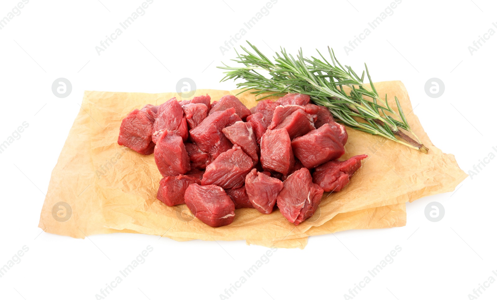 Photo of Pieces of raw beef meat and rosemary isolated on white