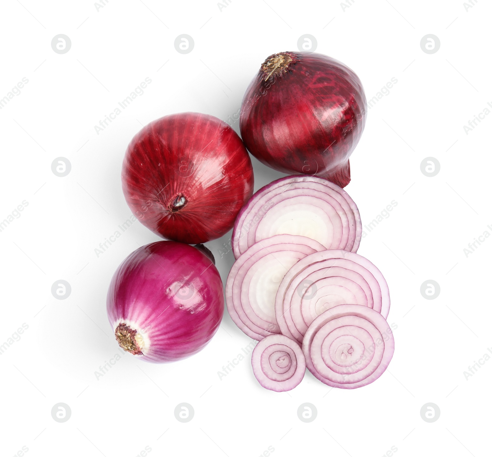 Photo of Ripe red onions on white background