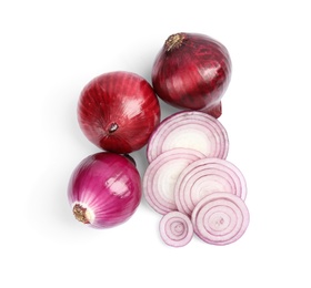 Photo of Ripe red onions on white background