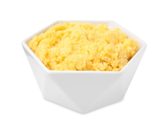 Photo of Cooked cornmeal in bowl isolated on white