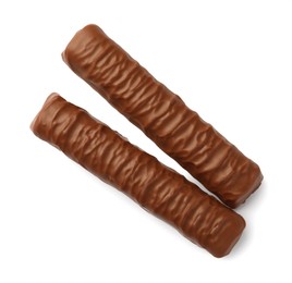 Photo of Sweet tasty chocolate bars on white background, top view