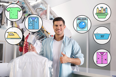 Image of Different icons and happy client with shirt at modern dry-cleaner's