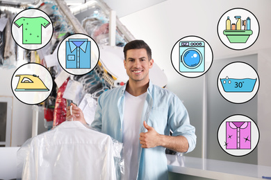 Different icons and happy client with shirt at modern dry-cleaner's