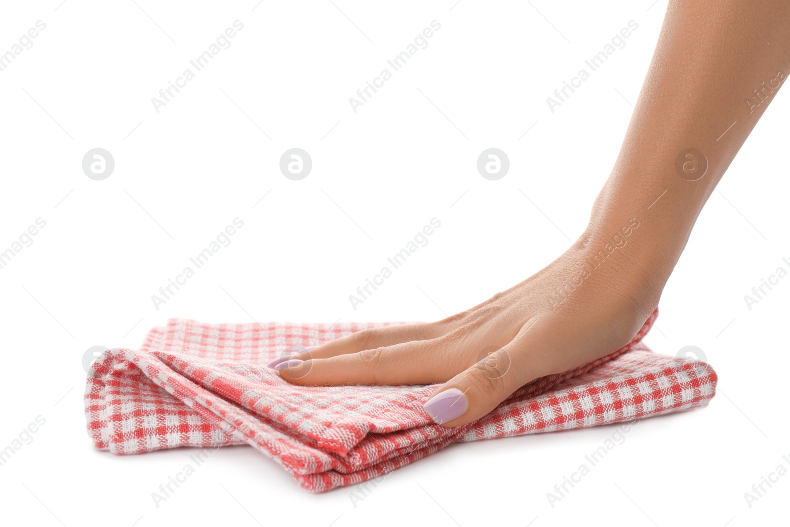 Photo of Woman with kitchen towel on white background, closeup