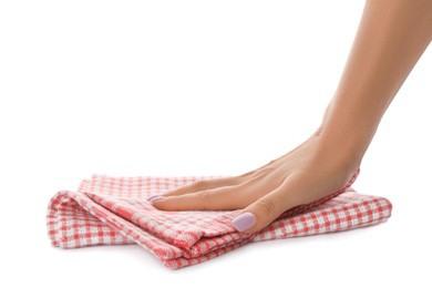 Woman with kitchen towel on white background, closeup