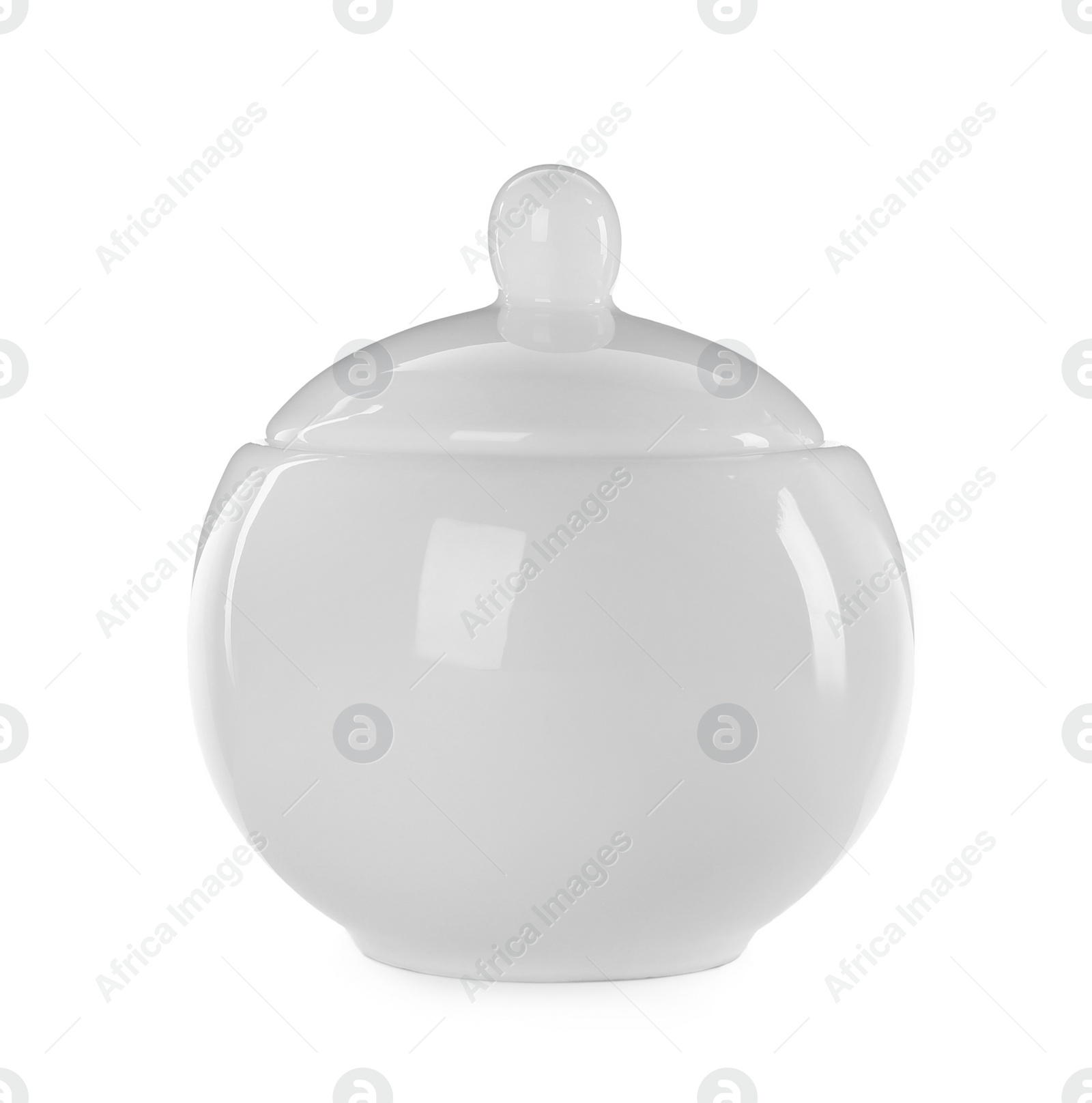 Photo of New beautiful ceramic bowl with lid isolated on white