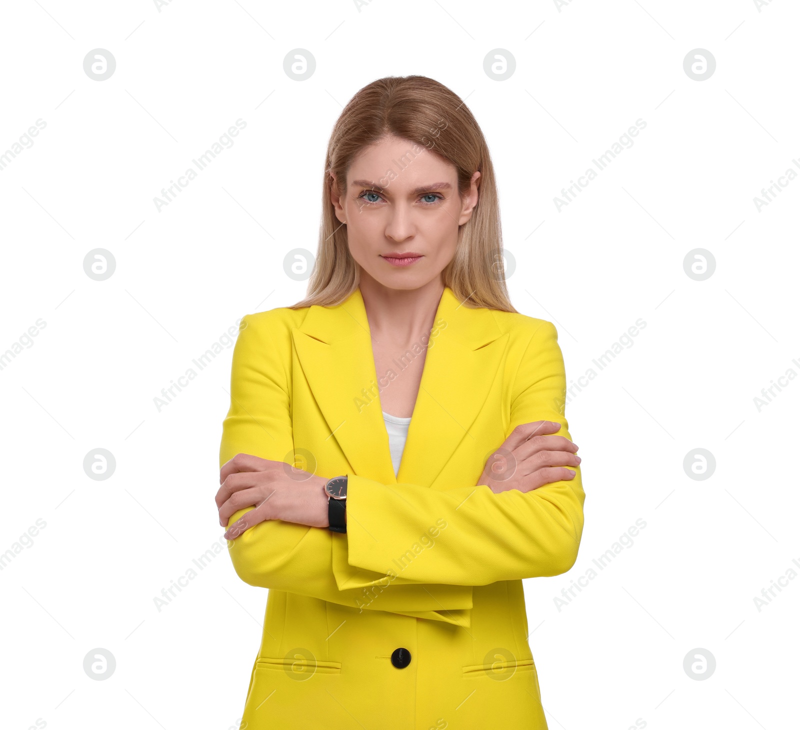 Photo of Beautiful businesswoman crossing arms on white background