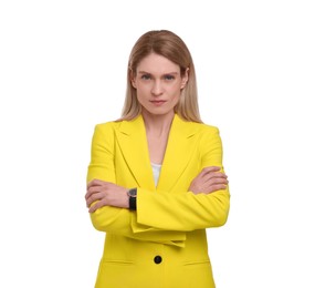 Beautiful businesswoman crossing arms on white background