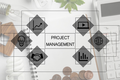 Image of Project management scheme and workplace on background 