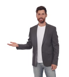 Handsome man gesturing on white background. Weather forecast reporter