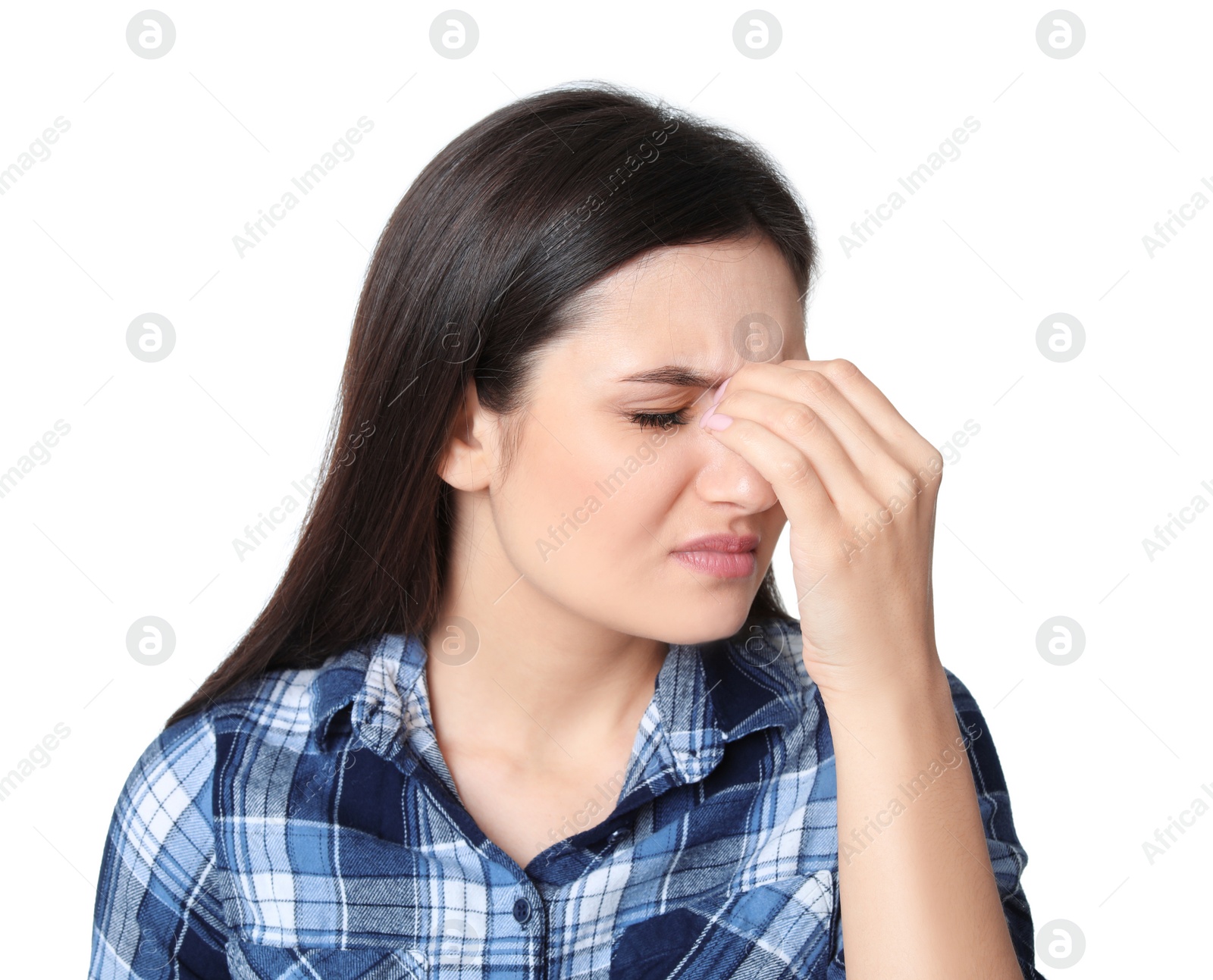 Photo of Beautiful young woman suffering from headache on white background