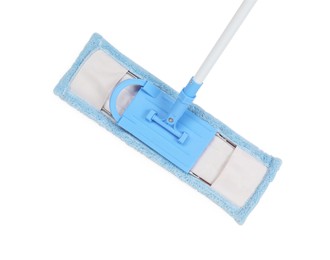 Photo of Mop with plastic handle isolated on white. top view