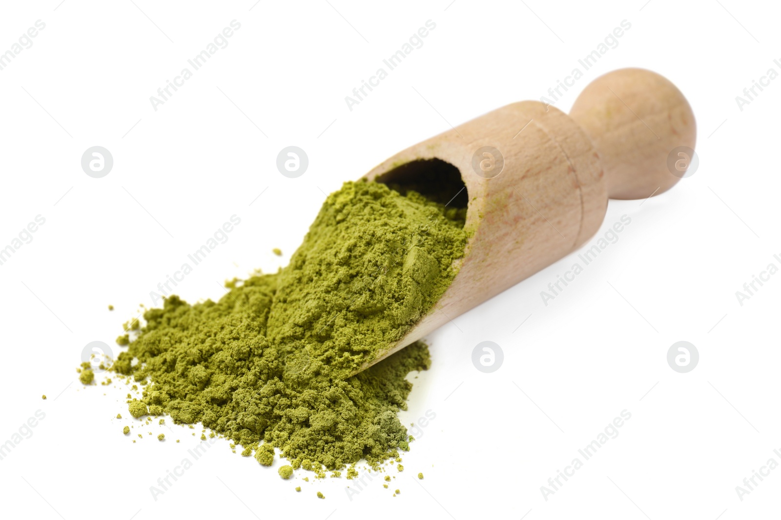 Photo of Henna powder in wooden scoop isolated on white