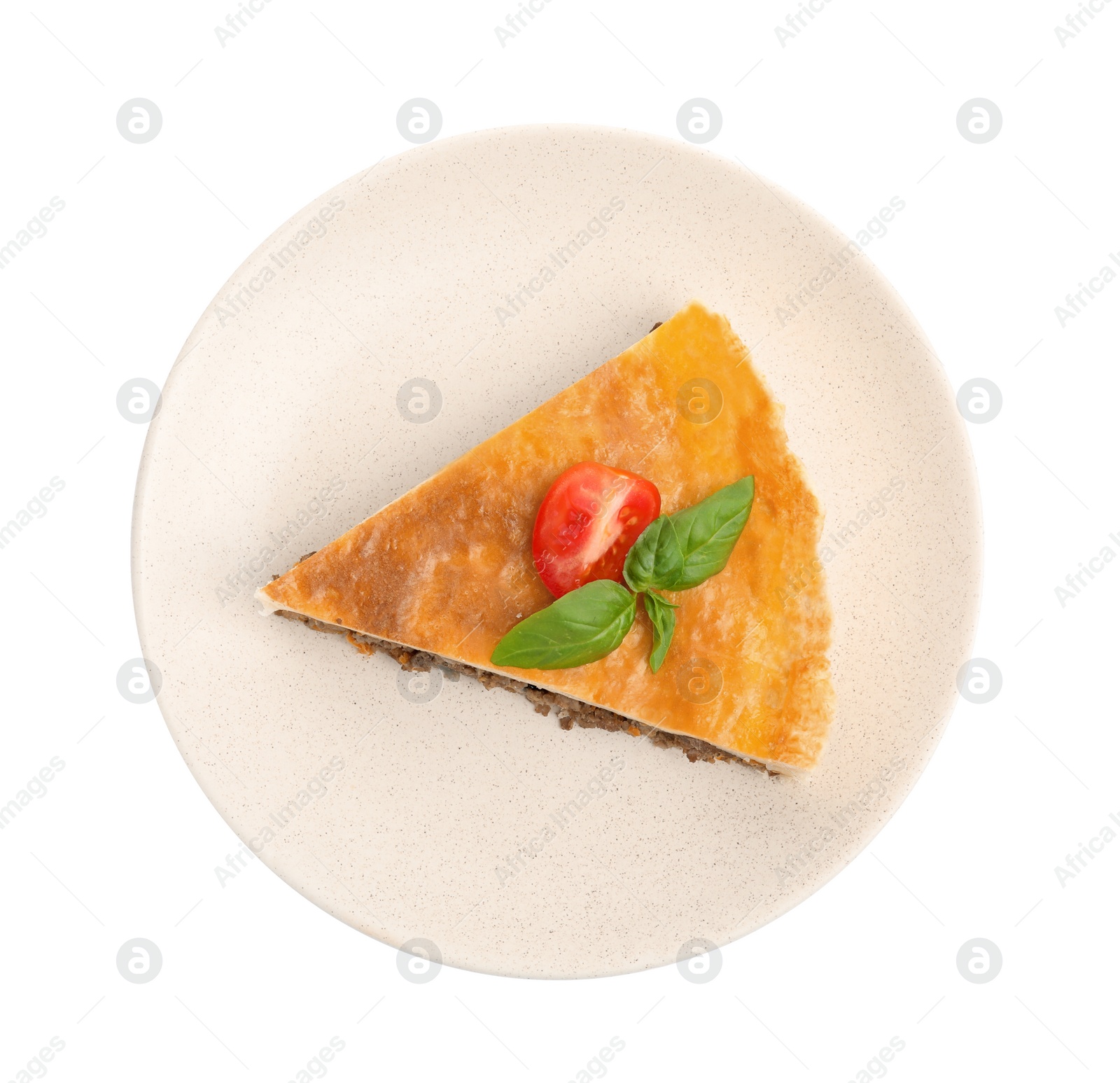 Photo of Piece of delicious pie with minced meat, tomato and basil isolated on white, top view