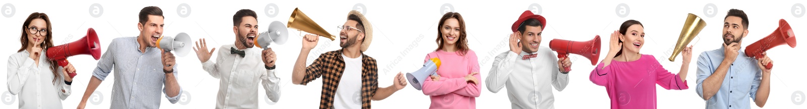 Image of Collage of people with megaphones on white background. Banner design 