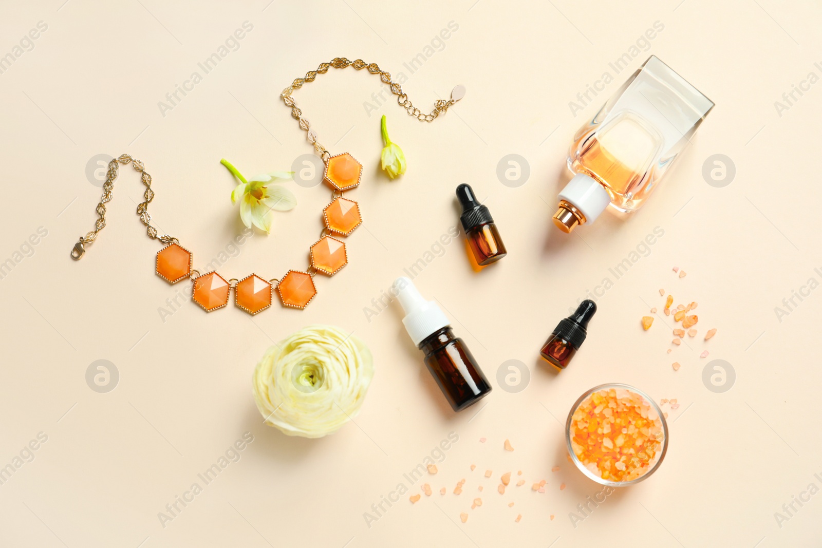 Photo of Flat lay composition with cosmetic products on color background