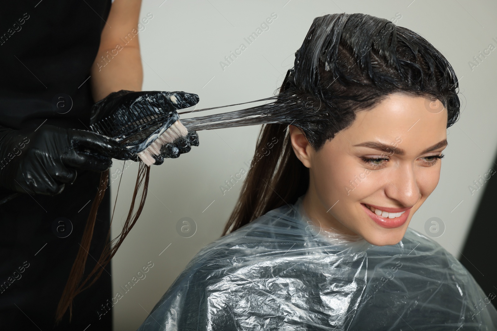Photo of Professional hairdresser dyeing client's hair in beauty salon