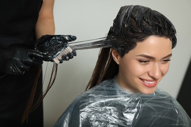 Professional hairdresser dyeing client's hair in beauty salon