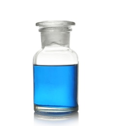 Apothecary bottle with blue liquid on white background. Laboratory glassware