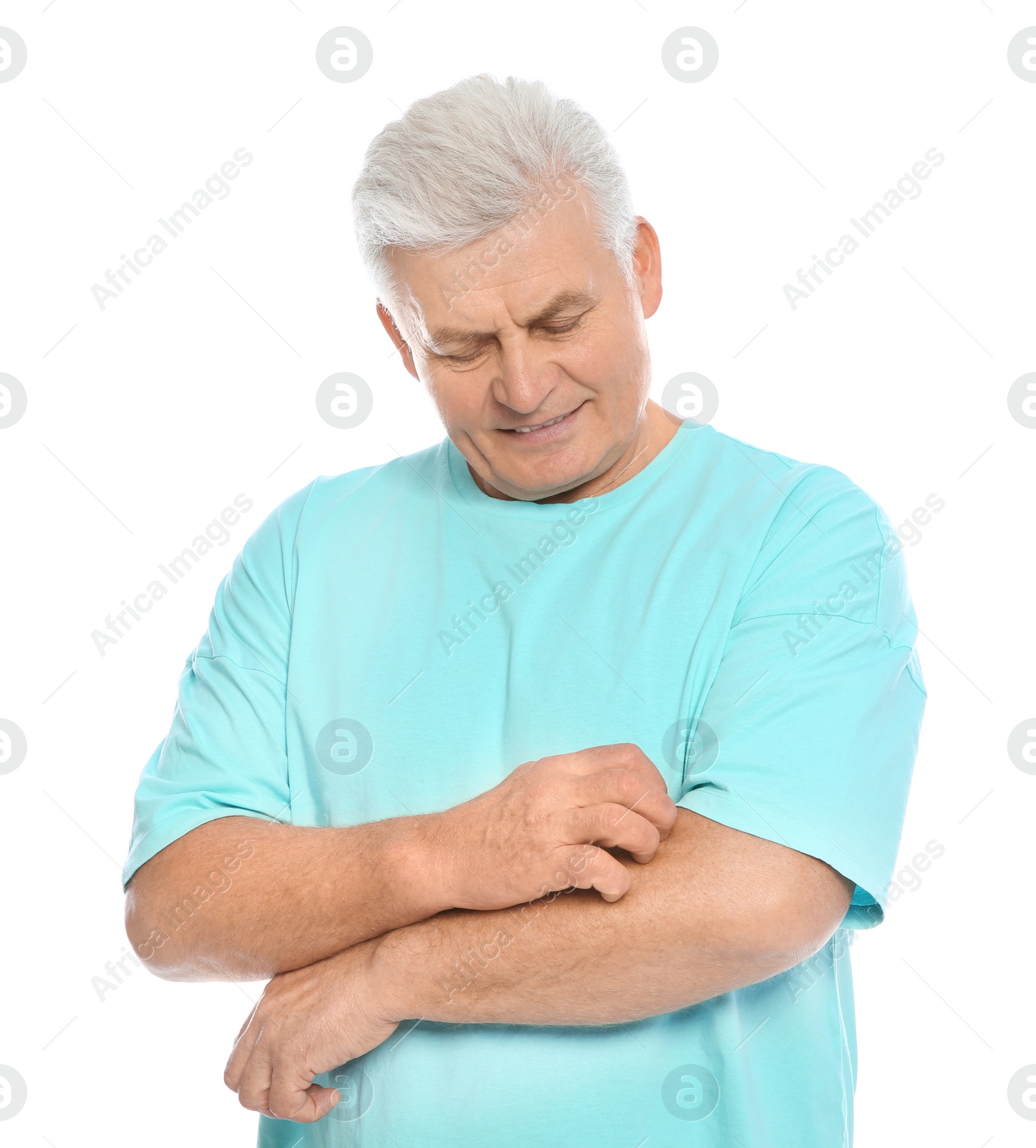 Photo of Mature man scratching arm on white background. Annoying itch