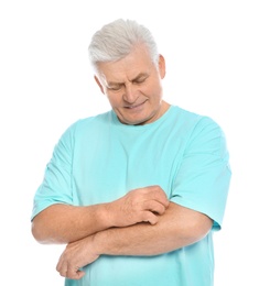 Photo of Mature man scratching arm on white background. Annoying itch