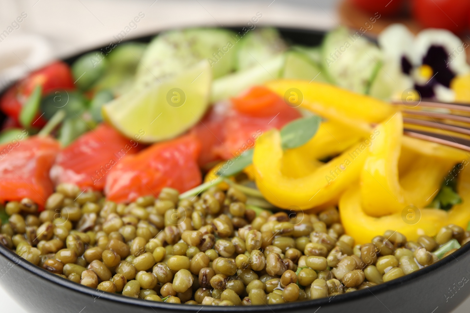 Photo of Bowl of salad with mung beans, closeup view