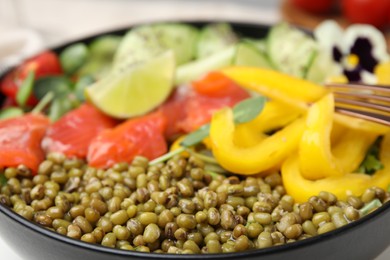 Photo of Bowl of salad with mung beans, closeup view