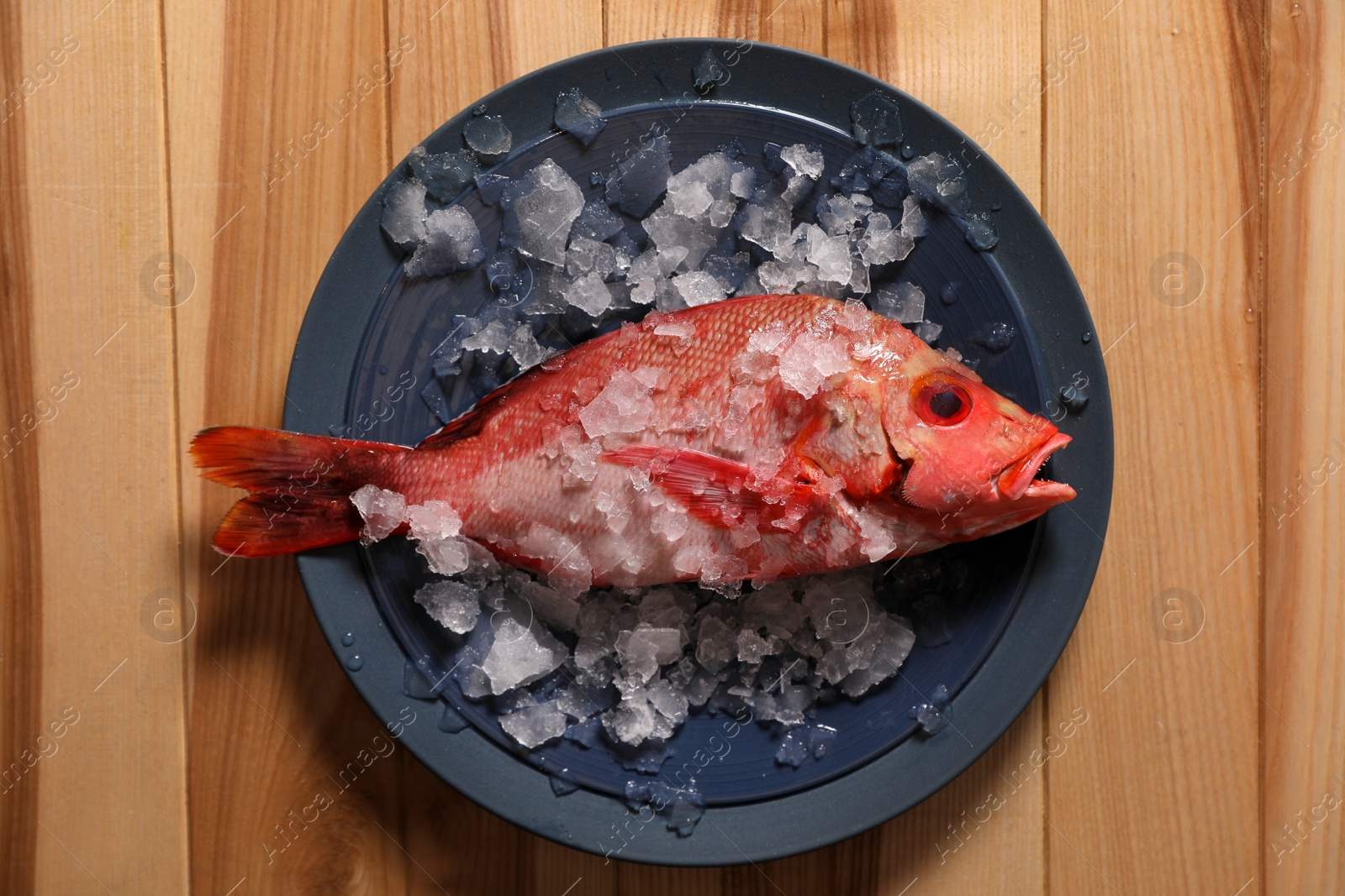 Photo of Fresh raw fish with ice on wooden table, top view