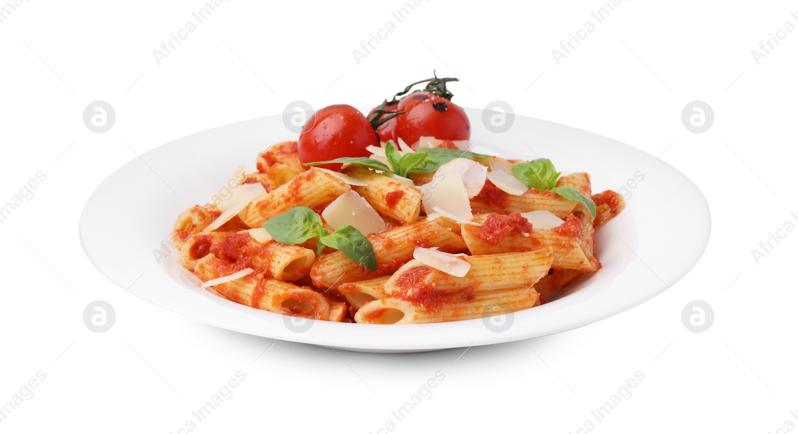 Photo of Tasty pasta with tomato sauce, cheese and basil isolated on white