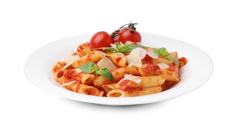 Photo of Tasty pasta with tomato sauce, cheese and basil isolated on white