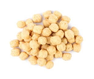 Pile of tasty corn balls on white background, top view. Healthy breakfast cereal