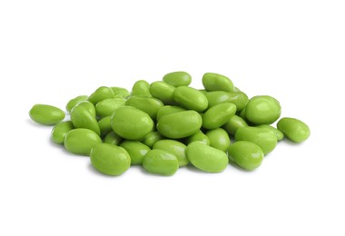 Photo of Pile of fresh edamame soybeans on white background