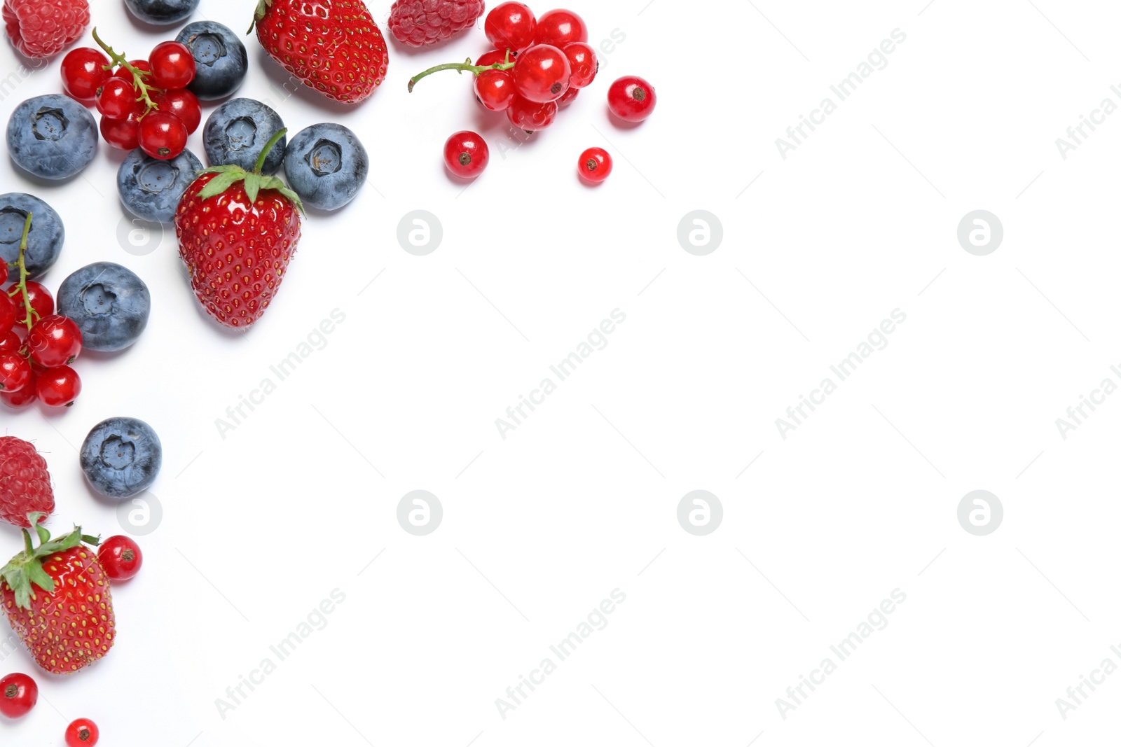 Photo of Mix of fresh berries on white background, flat lay