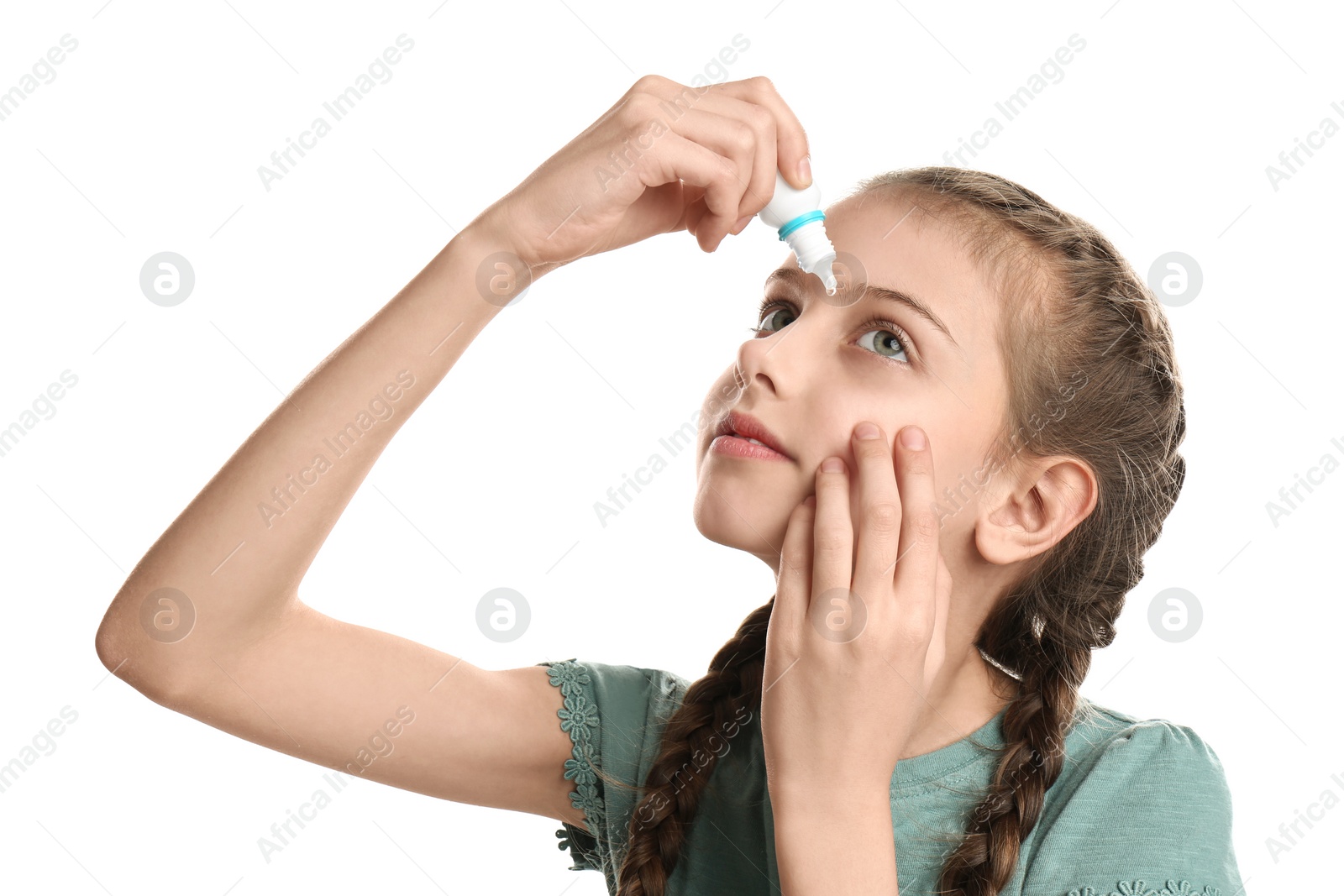 Photo of Adorable little girl using eye drops on white background