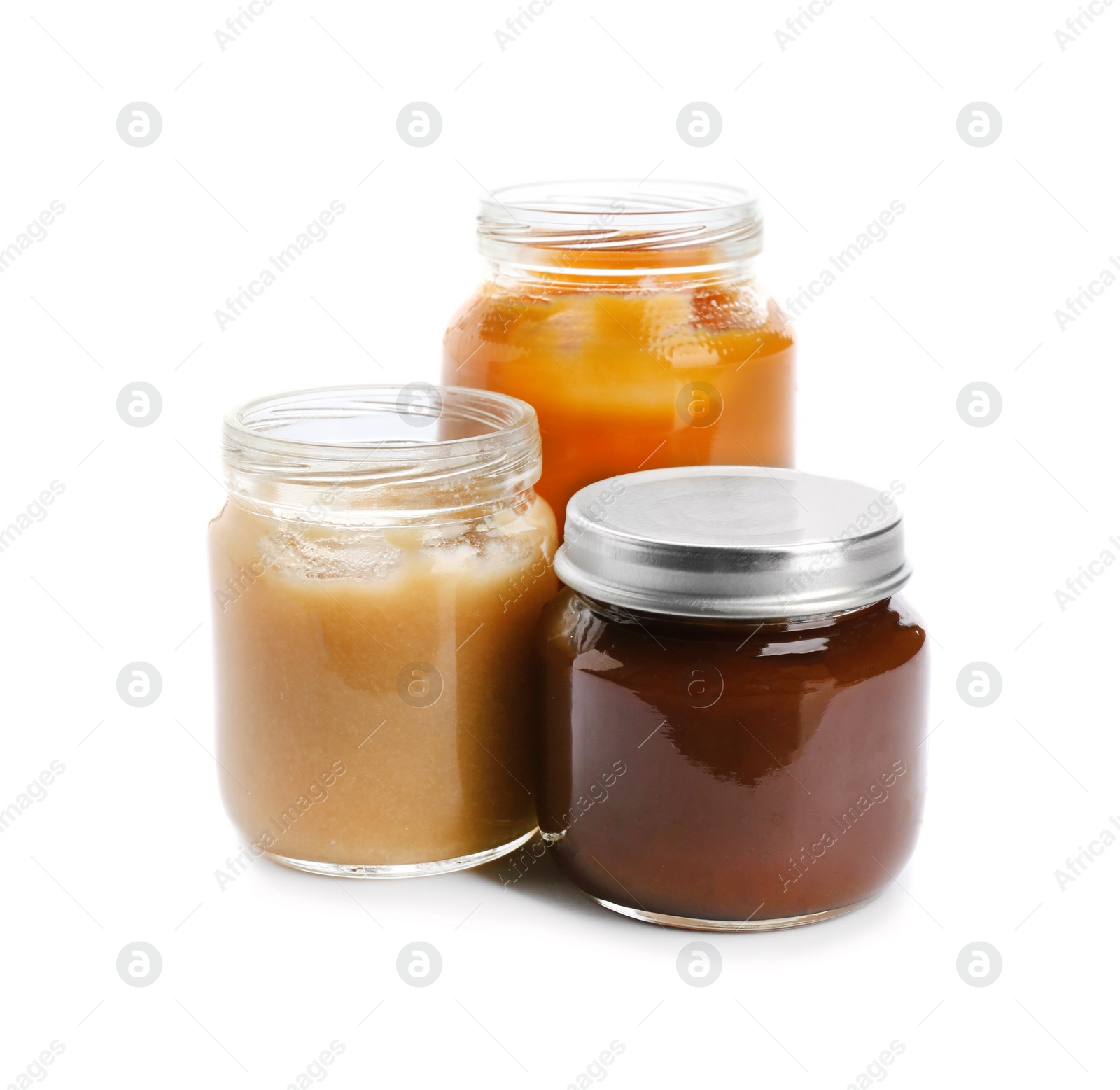 Photo of Jars with healthy baby food on white background