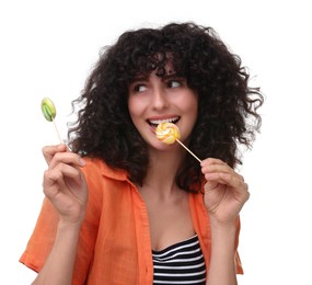 Photo of Beautiful woman with lollipops on white background