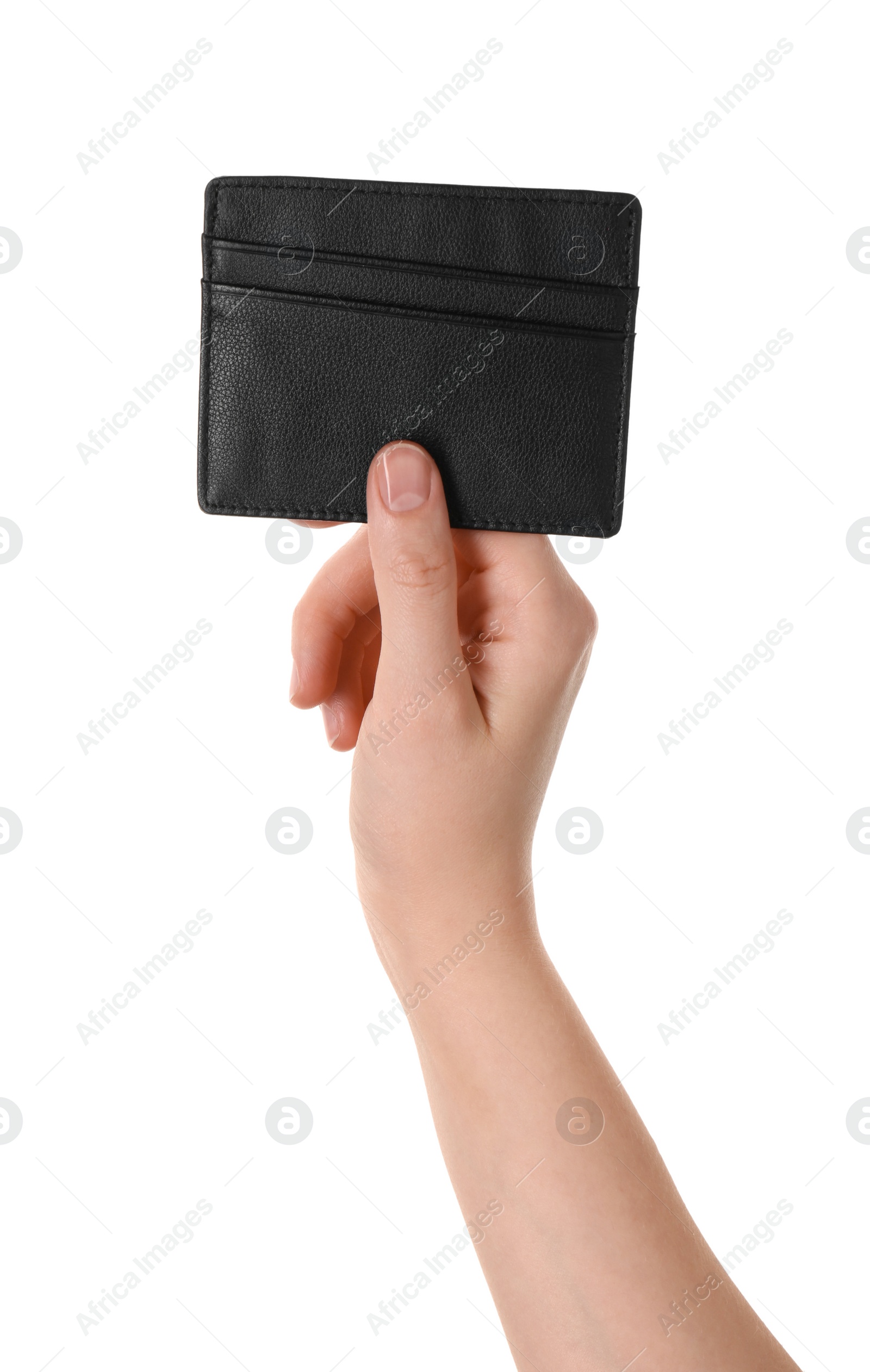 Photo of Woman holding leather business card holder on white background, closeup