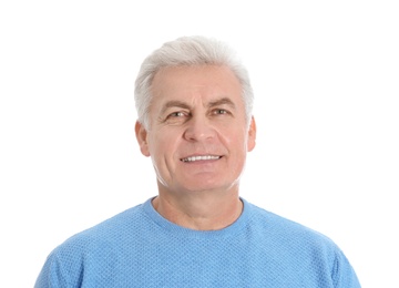 Portrait of handsome mature man on white background