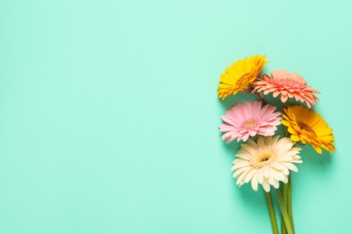 Photo of Beautiful colorful gerbera flowers on turquoise background, flat lay. Space for text