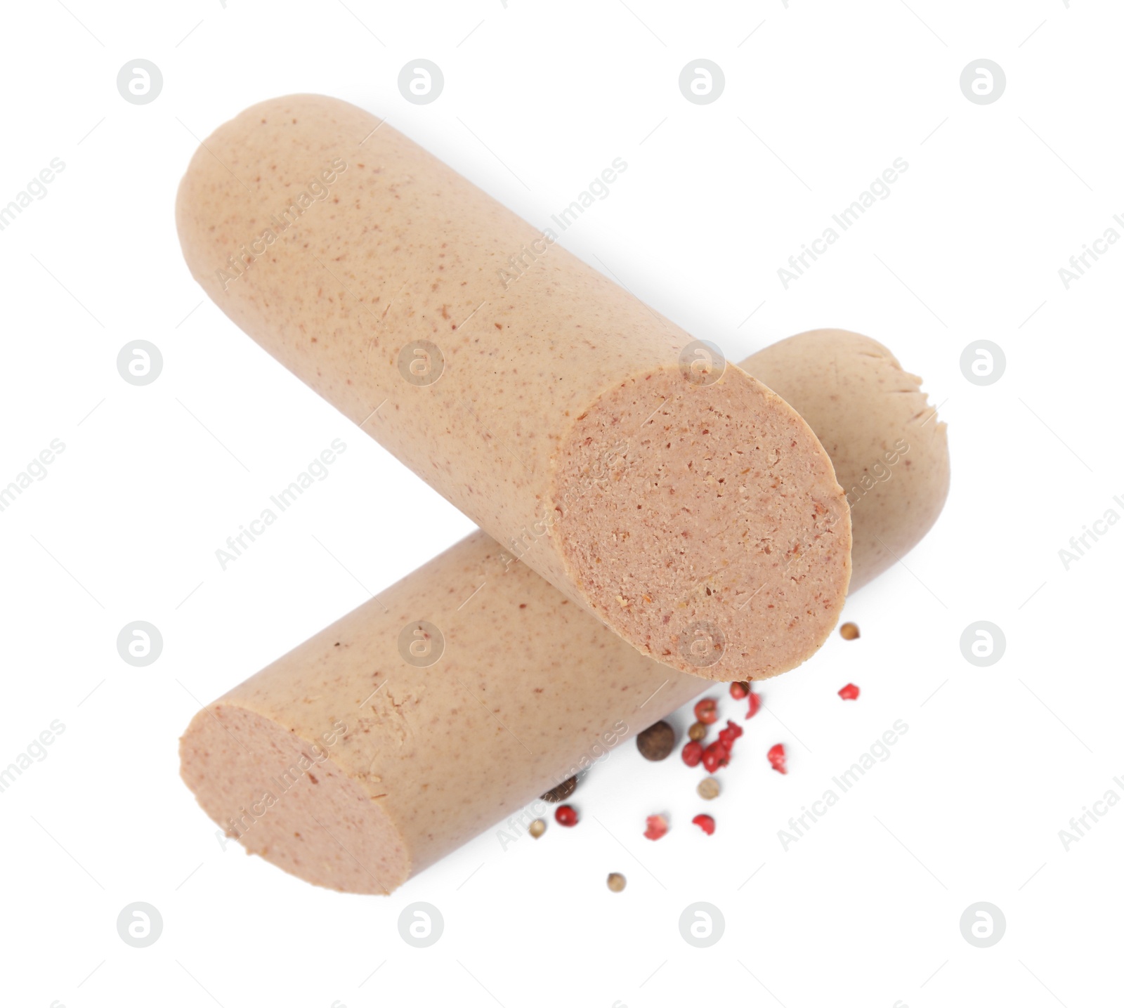 Photo of Delicious liverwurst with spices on white background, top view