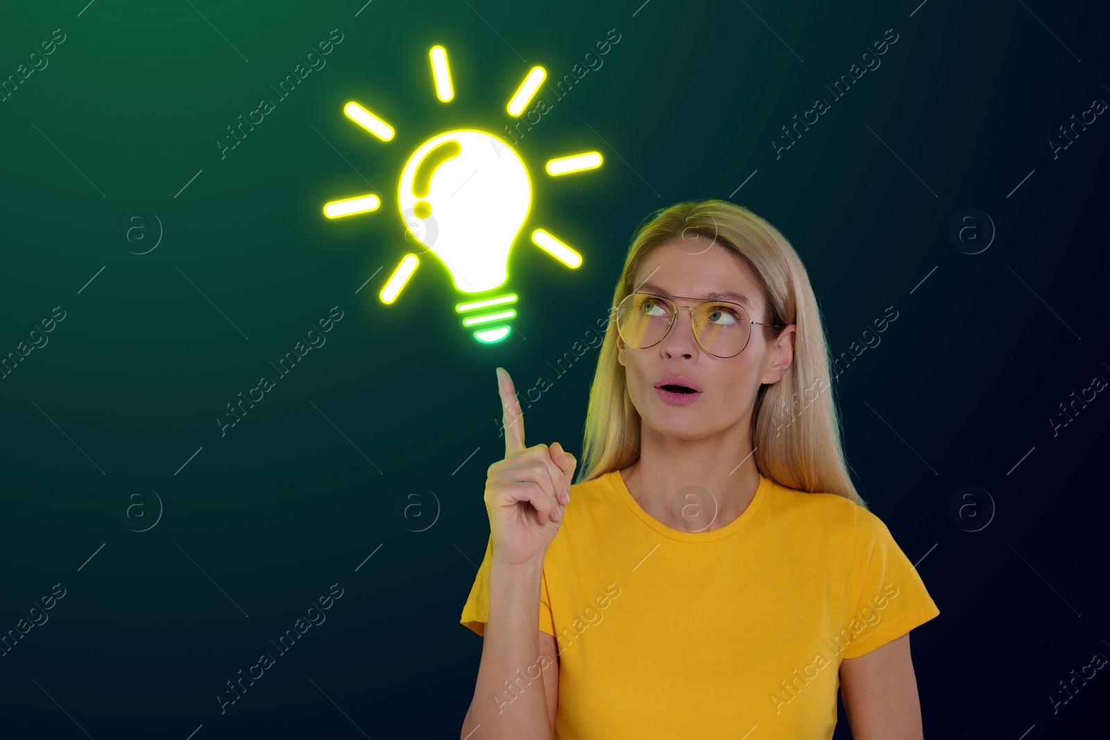 Image of Idea generation. Woman and illustration of light bulb on dark green background