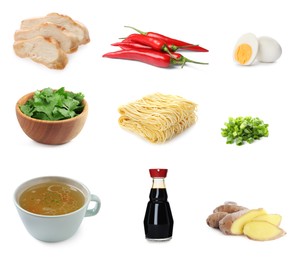 Set with tasty ingredients for ramen on white background